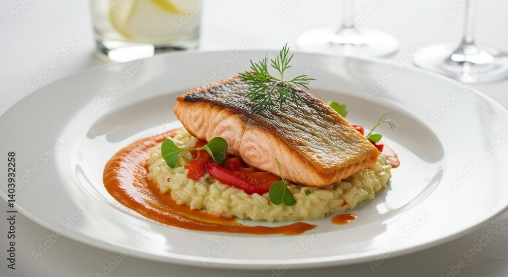 Salmon fillet on risotto with tomato sauce served on a white plate. Salmon fillet on risotto with tomato sauce served on a white plate.