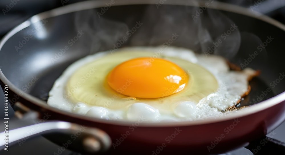 Close-up of a sunny-side up egg on a hot frying pan with steam Close-up of a sunny-side up egg on a hot frying pan with steam
