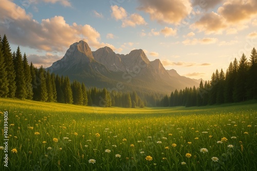 Majestic Mountains Rise Above a Vibrant Meadow at Sunset in a Serene Valley