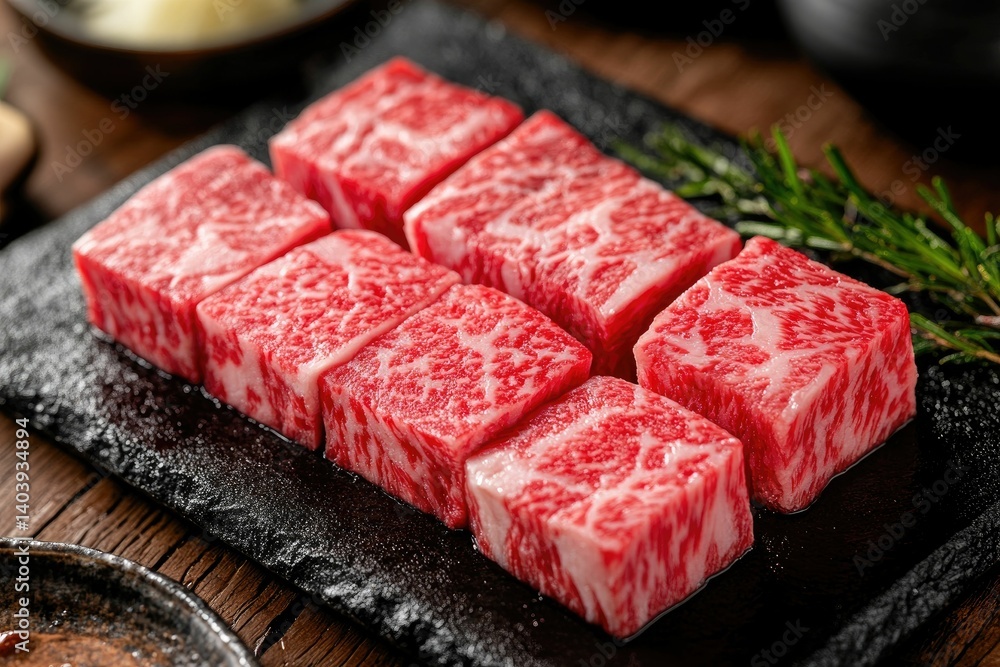 Raw Wagyu Beef Cubes on Slate Board with Rosemary Sprig Raw Wagyu Beef Cubes on Slate Board with Rosemary Sprig