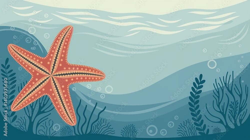 A vibrant starfish rests atop an ocean floor with seaweed and blue waves above it. The starfish is orange and red in color, with a delicate, intricate design. A vibrant starfish rests atop an ocean floor with seaweed and blue waves above it. The starfish is orange and red in color, with a delicate, intricate design.
