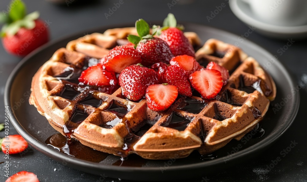chocolate and maple syrup fresh baked waffles morning breakfast with strawberries topping, Generative AI chocolate and maple syrup fresh baked waffles morning breakfast with strawberries topping, Generative AI