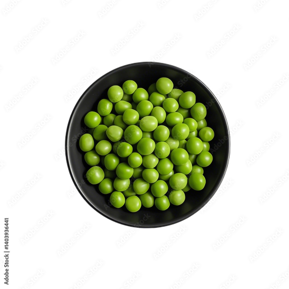 A black bowl filled with fresh, bright peas on a white or transparent background.