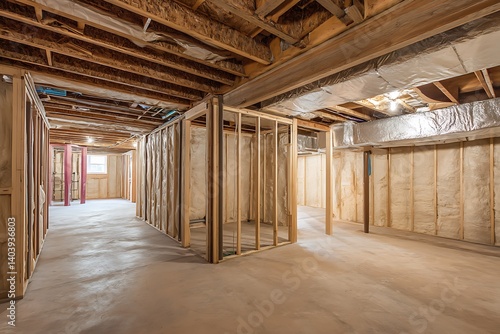 Rustic charm is captured in an unfinished basement showcasing wood frames and essential insulation.
