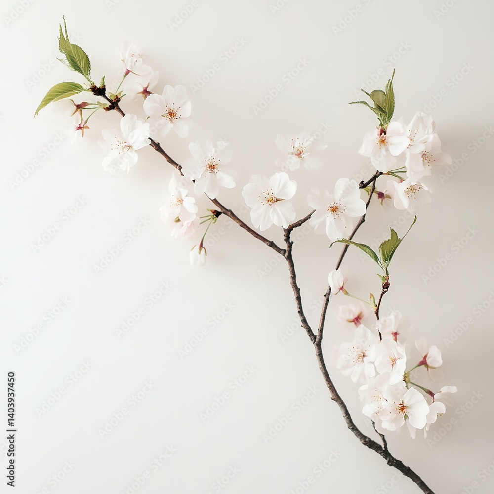 Obraz premium Delicate Cherry Blossom Sprig: An Illustration of White and Pale Pink Cherry Blossoms on Dark Twigs with Small Green Leaves.
