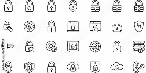 Line Art Lock Icons Collection – Security, Access Control, and Digital Protection Symbols

