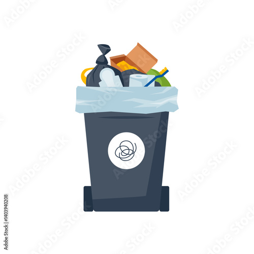 General waste, bin with residual garbage. Black plastic container full of trash. Rubbish sorting concept. Isolated cartoon or flat vector object for environmental designs.