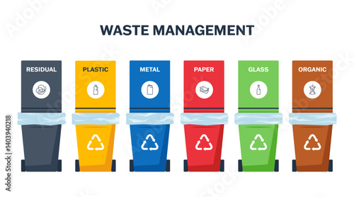 Waste segregation. Recycle bins for trash separation. Colorful containers for mixed, plastic, metal, paper, glass, organic garbage. Rubbish management concept. Isolated cartoon or flat vector objects.