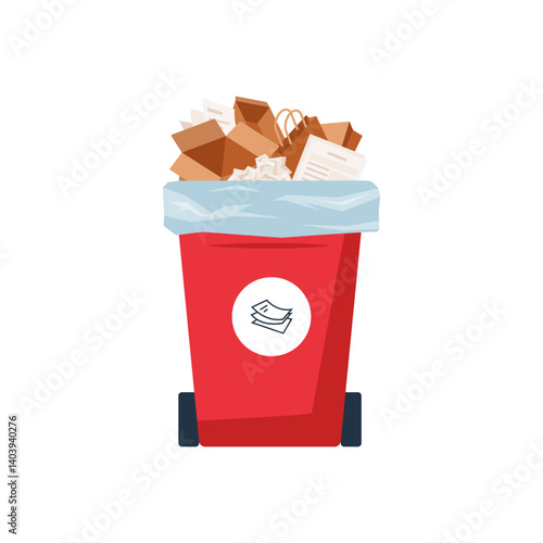 Bin with paper waste. Trash recycle concept. Red plastic basket full of cardboard garbage, boxes, containers, bags and paperwork. Rubbish segregation. Isolated cartoon or flat vector object.