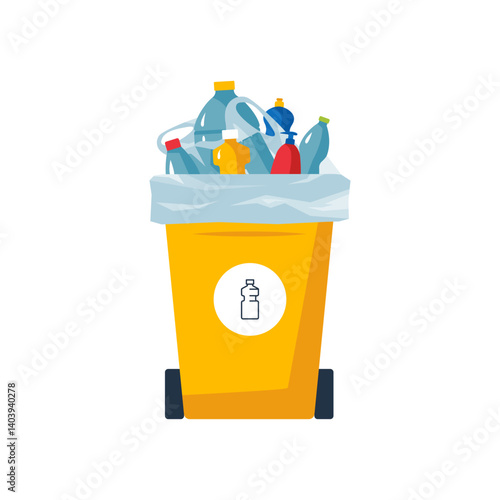 Plastic waste. Dustbin full of garbage. Trash recycle concept. Yellow bin with a pile of used bottles, bags. Rubbish segregation. Isolated cartoon or flat vector object for environmental designs.