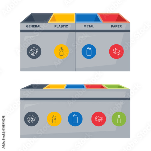 Waste segregation. Recycle bins for trash separation. Containers for mixed, plastic, metal, paper, glass garbage. Rubbish management concept. Isolated cartoon or flat vector objects.