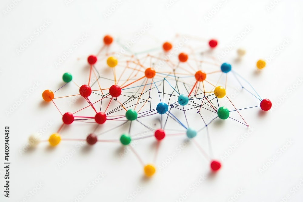 Obraz premium Connecting Colorful Push Pins with String Network on White Background