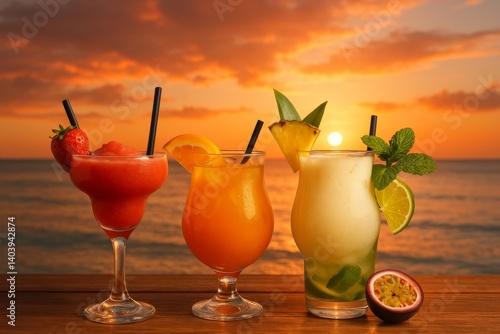 Colorful Cocktails on a Wooden Table With a Sunset Over the Ocean