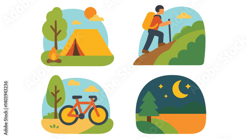 Outdoor Camping and Travel Adventure with Tourist Hiking in Nature – Perfect for Holiday Getaways, Exploration, and Mountain Journey Illustration