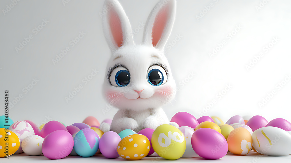 Fototapeta premium Easter Bunny Cute with Eggs Basket on white Background 