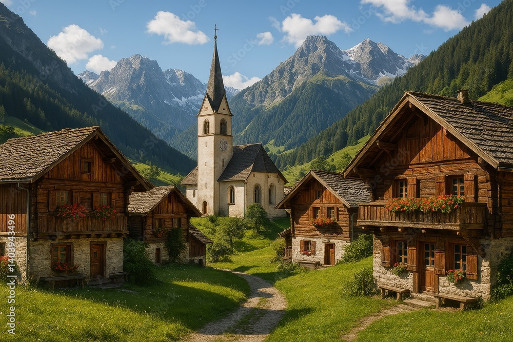 Picturesque Village Nestled in a Lush Valley With Mountains in the Background During Sunny Daytime Picturesque Village Nestled in a Lush Valley With Mountains in the Background During Sunny Daytime