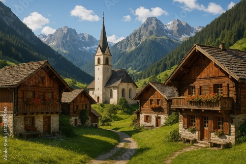 Picturesque Village Nestled in a Lush Valley With Mountains in the Background...