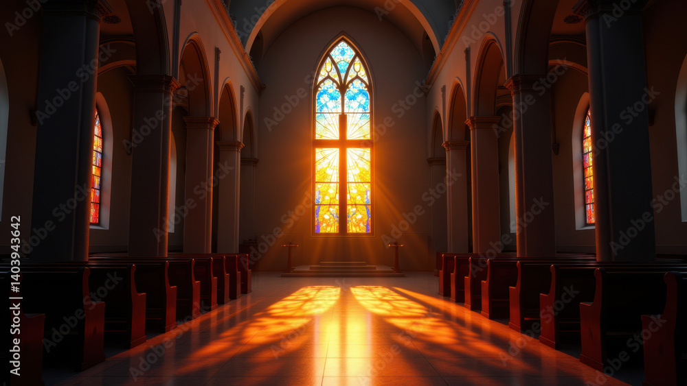 Fototapeta premium An empty church interior with stained glass windows and natural light.