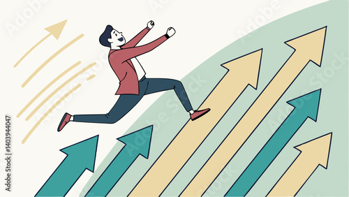 Businessman Running Up Arrow – Progress, Success, and Career Growth Vector Illustration

