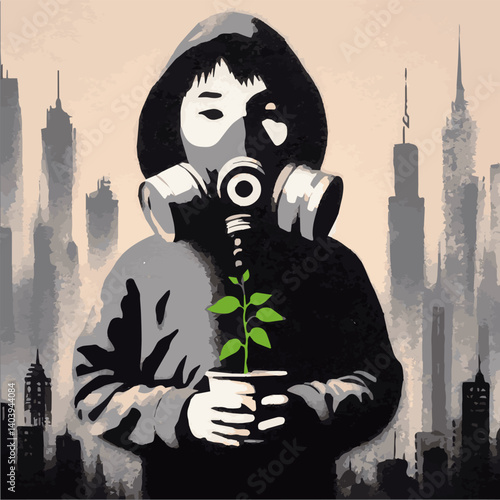 A boy with a gas mask holds a potted plant he saved against the background of a polluted city covered with smog. An environmental disaster. Graffiti-style illustration on the wall. EPS vector graphics
