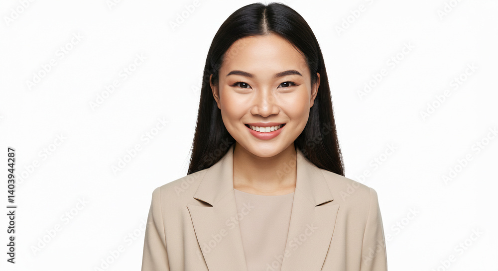 Smiling positive, attractive asian young woman, girl in beige suit formal dress, portrait elegant of pretty with long black hair, feeling happy looking at camera standing isolated on white background Smiling positive, attractive asian young woman, girl in beige suit formal dress, portrait elegant of pretty with long black hair, feeling happy looking at camera standing isolated on white background