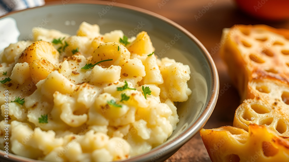 Cauliflower mashed potatoes with garlic closeup Cauliflower mashed potatoes with garlic closeup