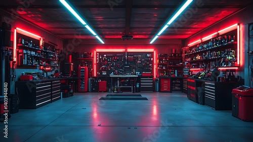 Custom garage interior red lighting high resolution photo