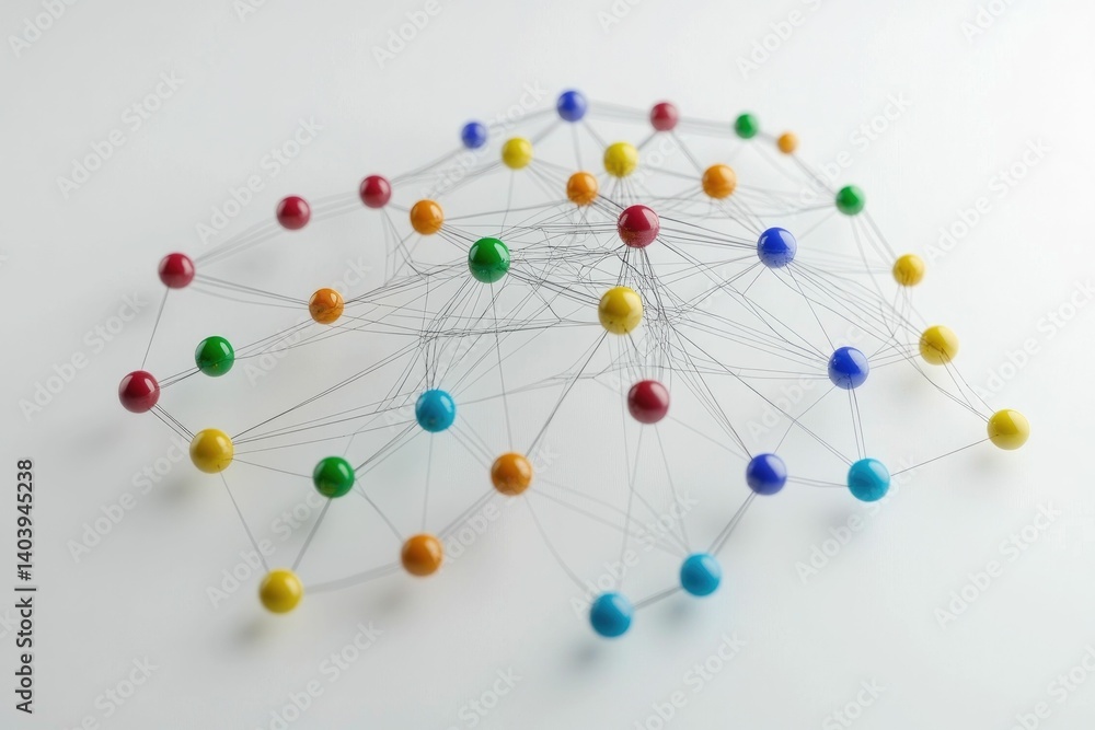 Obraz premium Network Connection Visualized with Colorful Pins and Strings for Data Representation