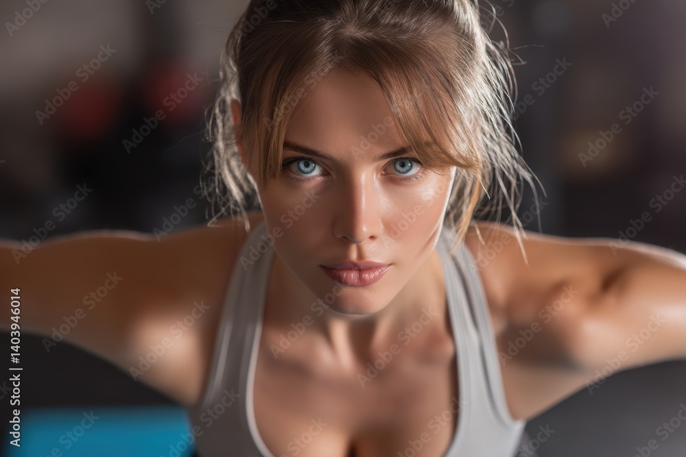 Intense Workout: A close-up of a determined woman working out in the gym, focusing with striking blue eyes, wearing activewear, exercising her arms and chest. Intense Workout: A close-up of a determined woman working out in the gym, focusing with striking blue eyes, wearing activewear, exercising her arms and chest.