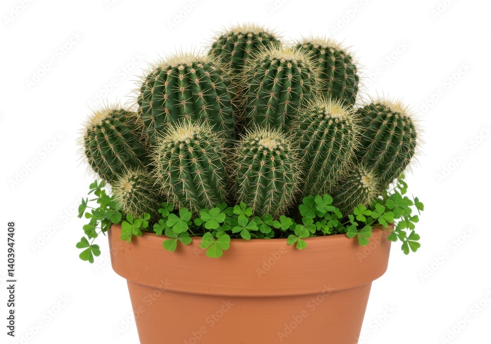Fototapeta premium Cactus plant in a terracotta pot with green clovers around