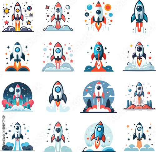 Rocket Flat  vector illustration. Rocket Icon Set. Rocket Flat Editable vector eps set. Rocket to be used in design.