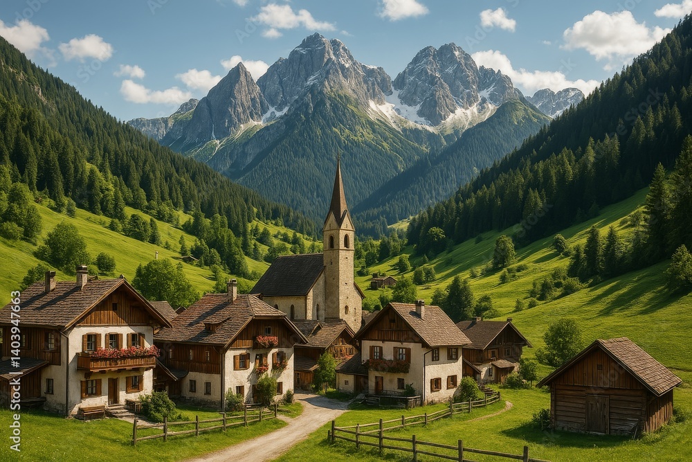 Picturesque Village Nestled in a Lush Valley With Mountains in the Background During Sunny Daytime