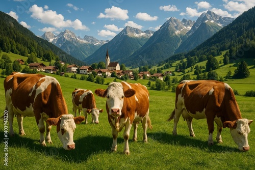 Cows Grazing Peacefully in a Picturesque Village Surrounded by Mountains in S...