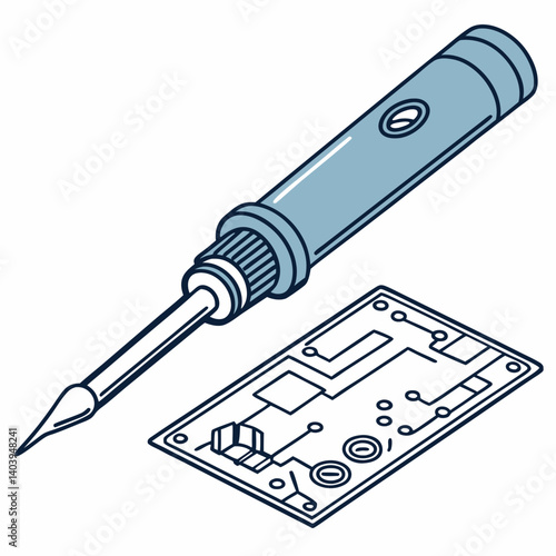 Flat icon of a soldering iron and circuit board with glowing tip