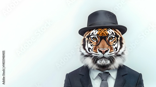 Tiger In A Suit And Hat With Glasses On A White Background