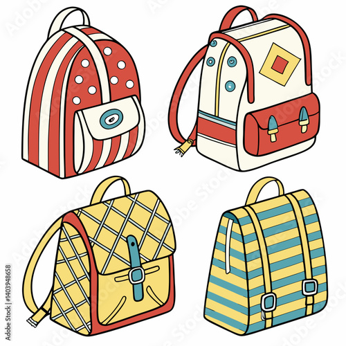 Vector set of school bags in different colors and patterns
