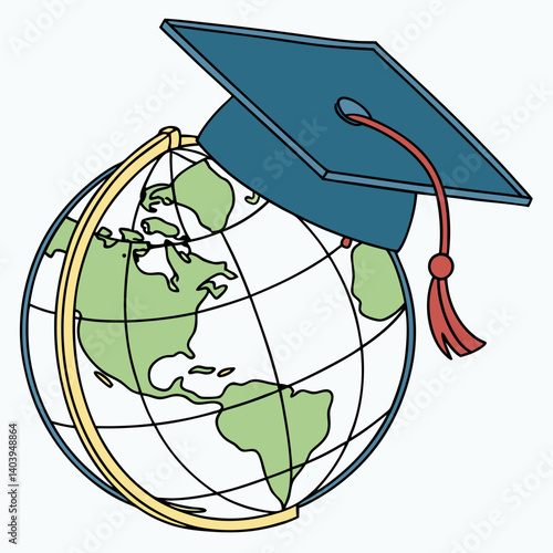Graduation cap on top of a globe representing global education