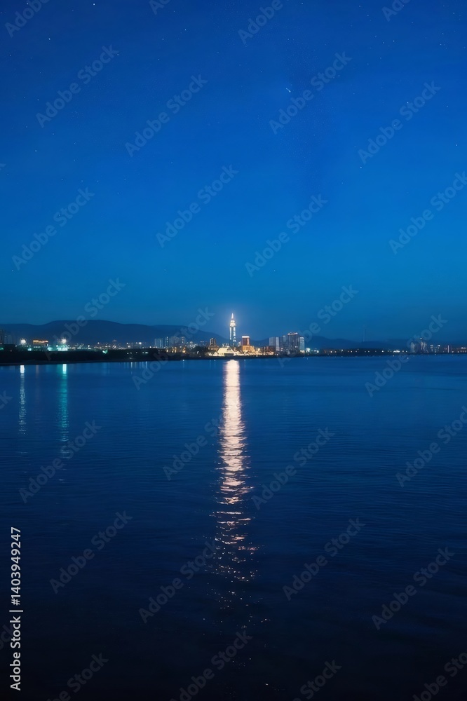 Night Cityscape Reflection on Water with Illuminated Buildings and Starry Sky Night Cityscape Reflection on Water with Illuminated Buildings and Starry Sky