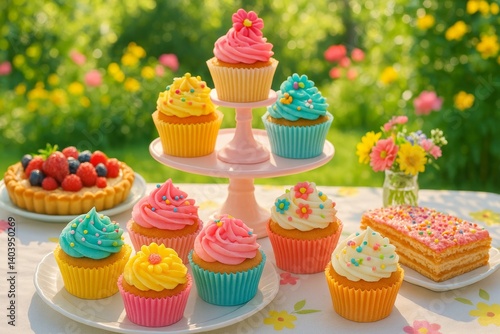 Colorful Cupcakes and Fresh Strawberries in a Sunny Garden Setting