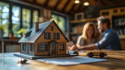 Model home on table, during a real estate consultation.
