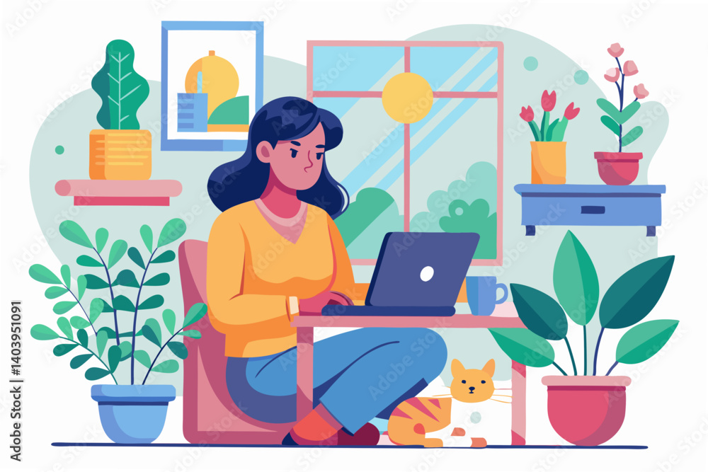 Fototapeta premium Flat vector illustration of a woman working from home with a cat on her lap, cozy interior, plants on windowsill, bright and soft colors, clean layout.