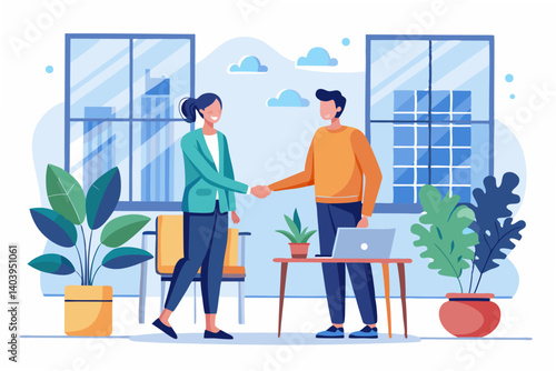 Flat style vector of confident entrepreneurs shaking hands after a deal, modern office interior, large windows, minimalist plants and décor.