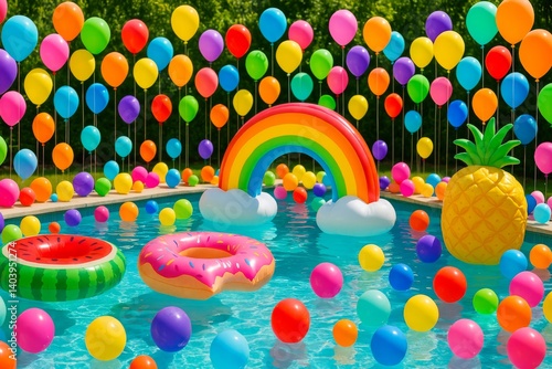 Colorful Pool Party With Inflatable Decorations and Vibrant Balloons