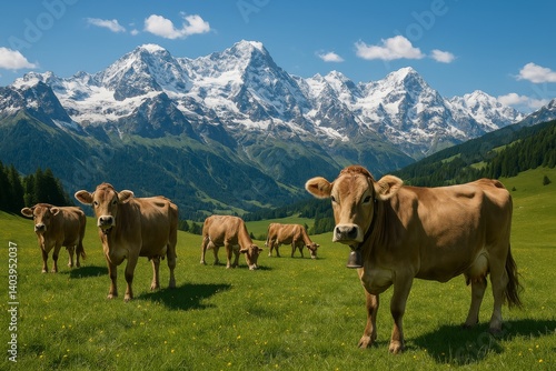 Cows Grazing in a Lush Green Meadow With Snow-Capped Mountains in the Background