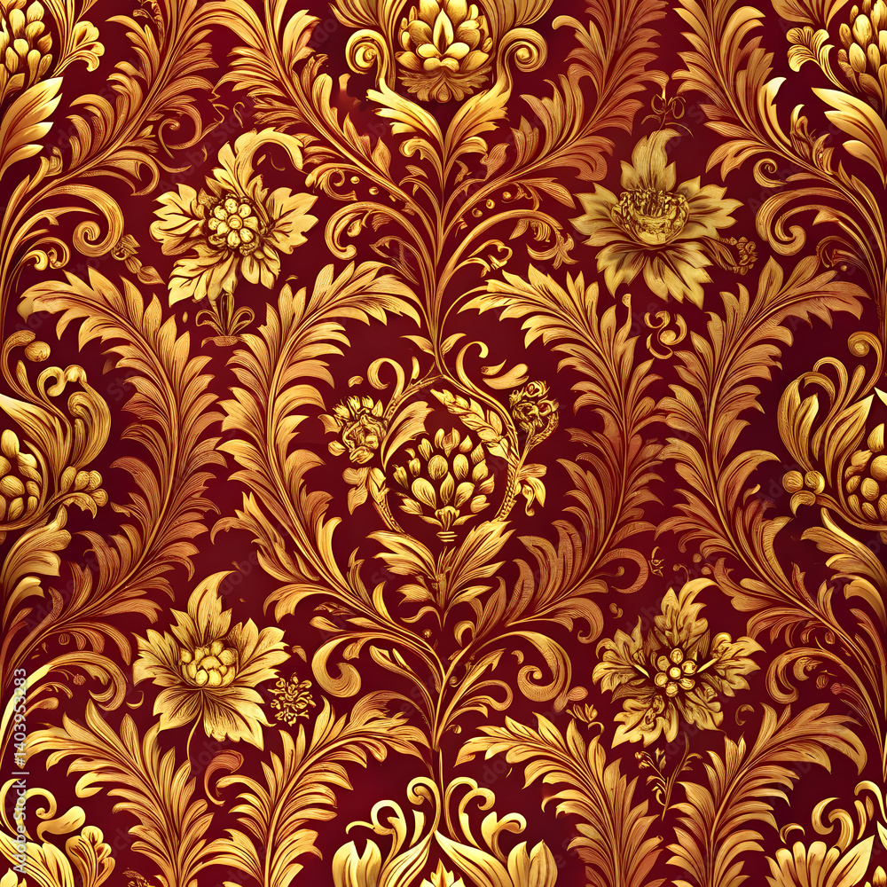 Dramatic Gold and Red Flowers on Mahogany Background seamless pattern with flowers new 2025 trendy seamless digital print Dramatic Gold and Red Flowers on Mahogany Background seamless pattern with flowers new 2025 trendy seamless digital print