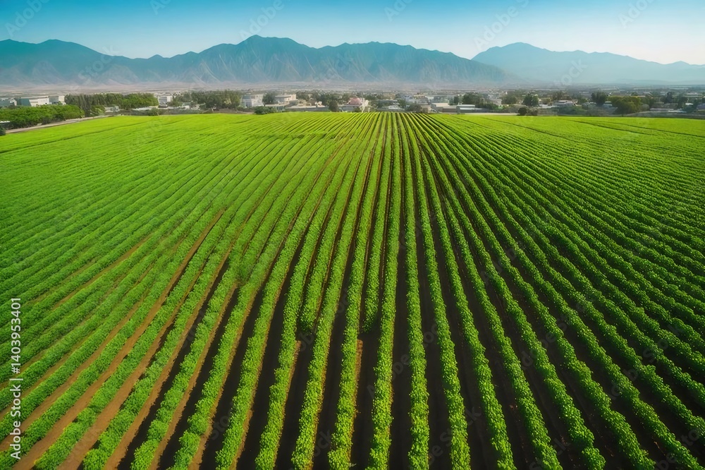 Aerial View Of A Lush Green Field With Rows Of Crops And A Distant Mountain Range Under A Clear Blue Sky Aerial View Of A Lush Green Field With Rows Of Crops And A Distant Mountain Range Under A Clear Blue Sky