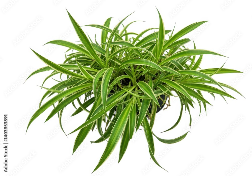 Overhead view of a spider plant with green and white leaves Overhead view of a spider plant with green and white leaves