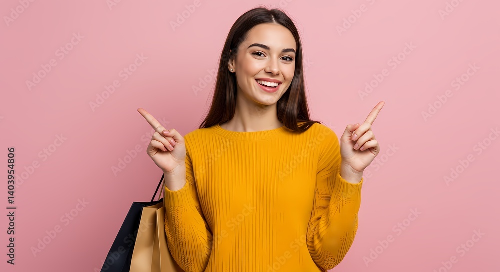 Happy Shopper: Yellow Sweater, Pink Background Happy Shopper: Yellow Sweater, Pink Background