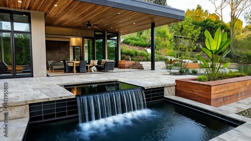 Wallpaper Mural Modern outdoor living space featuring a tranquil water feature and lush greenery backdrop Torontodigital.ca