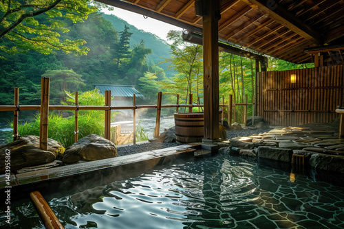 Serene Japanese Open Air Onsen with Wooden Structure, Waterfall, and Lush Greenery Traditional Relaxation and Nature Harmony